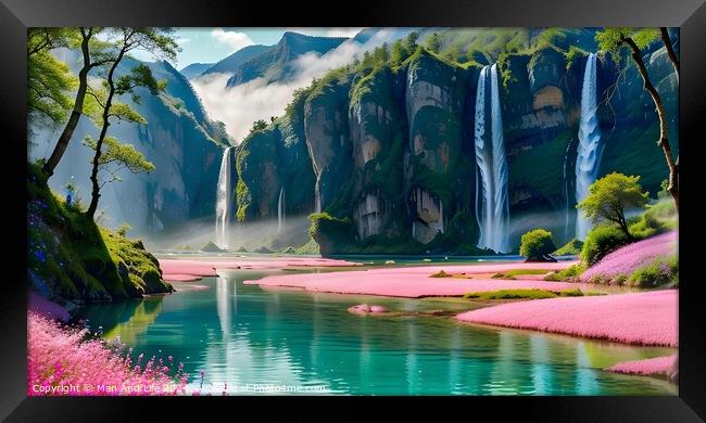 Scenic view of majestic waterfalls with pink flower fields by a tranquil river and lush green cliffs. Framed Print by Man And Life