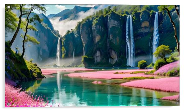 Scenic view of majestic waterfalls with pink flower fields by a tranquil river and lush green cliffs. Acrylic by Man And Life
