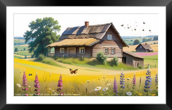 Idyllic rural landscape with a wooden cottage, blooming flowers, and birds in a serene countryside setting. Framed Mounted Print by Man And Life