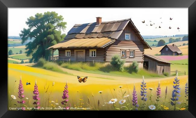 Idyllic rural landscape with a wooden cottage, blooming flowers, and birds in a serene countryside setting. Framed Print by Man And Life