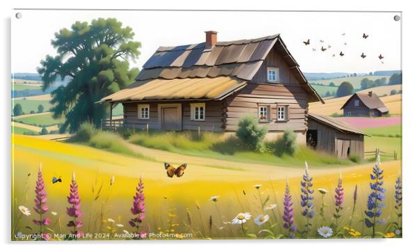Idyllic rural landscape with a wooden cottage, blooming flowers, and birds in a serene countryside setting. Acrylic by Man And Life