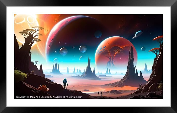 Surreal alien landscape with towering rock formations, multiple moons, and a couple gazing at the horizon under a starry sky, evoking adventure and exploration. Framed Mounted Print by Man And Life