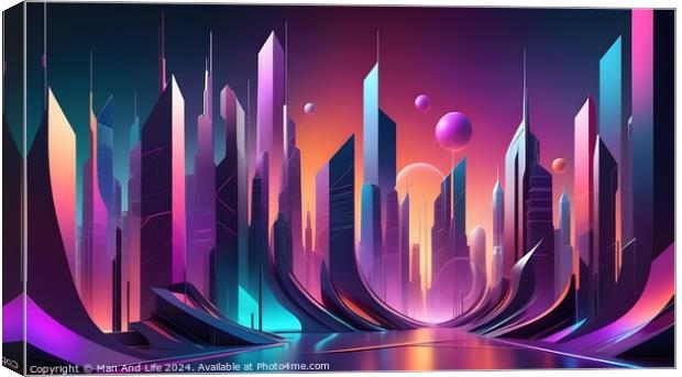 Futuristic cityscape with neon lights and abstract skyscrapers under a twilight sky. Canvas Print by Man And Life
