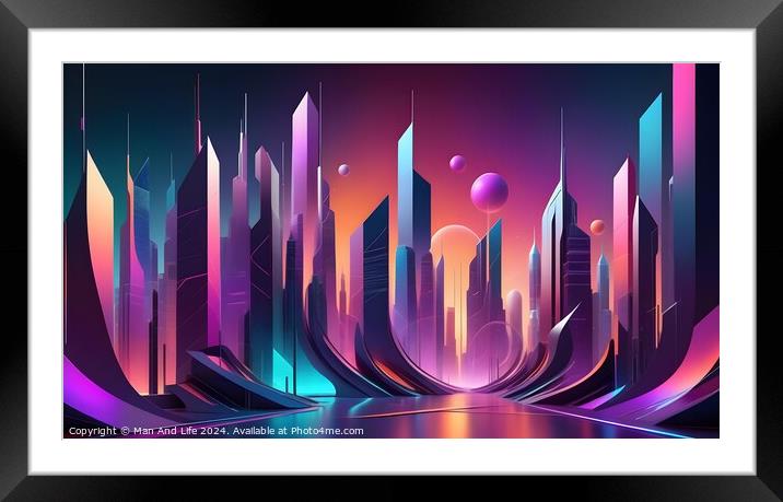 Futuristic cityscape with neon lights and abstract skyscrapers under a twilight sky. Framed Mounted Print by Man And Life