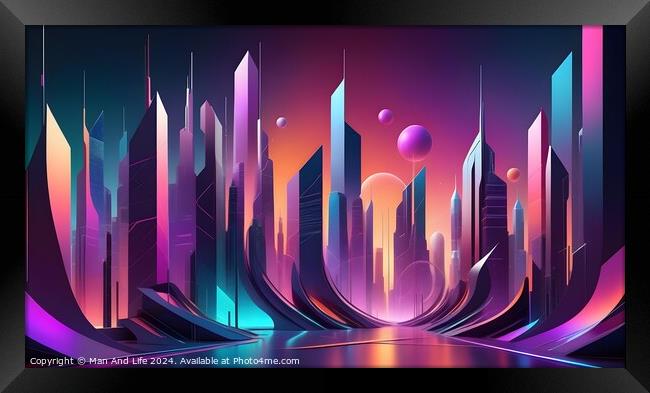 Futuristic cityscape with neon lights and abstract skyscrapers under a twilight sky. Framed Print by Man And Life