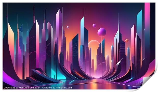 Futuristic cityscape with neon lights and abstract skyscrapers under a twilight sky. Print by Man And Life