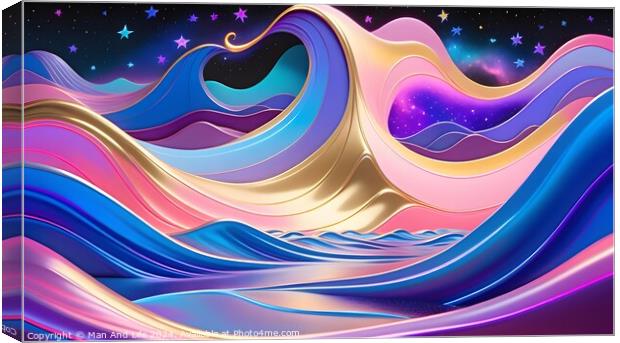 Abstract colorful waves with heart shapes in a cosmic setting with stars. Canvas Print by Man And Life