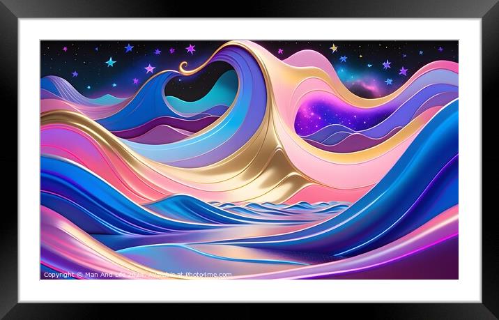 Abstract colorful waves with heart shapes in a cosmic setting with stars. Framed Mounted Print by Man And Life