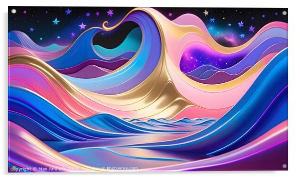 Abstract colorful waves with heart shapes in a cosmic setting with stars. Acrylic by Man And Life
