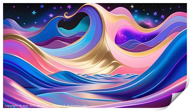 Abstract colorful waves with heart shapes in a cosmic setting with stars. Print by Man And Life
