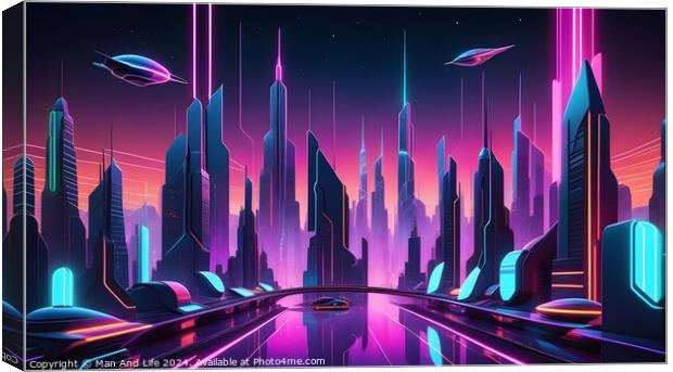 Futuristic cityscape with neon lights and flying vehicles against a dusk sky. Canvas Print by Man And Life
