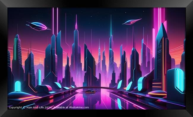 Futuristic cityscape with neon lights and flying vehicles against a dusk sky. Framed Print by Man And Life