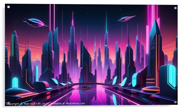 Futuristic cityscape with neon lights and flying vehicles against a dusk sky. Acrylic by Man And Life