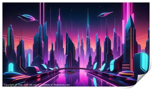 Futuristic cityscape with neon lights and flying vehicles against a dusk sky. Print by Man And Life