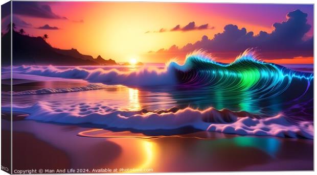 Vibrant digital wave with neon colors on a serene beach at sunset. Canvas Print by Man And Life