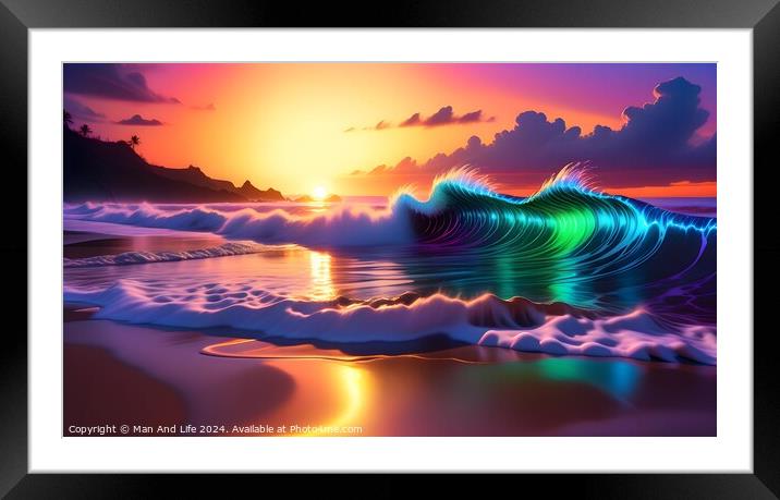 Vibrant digital wave with neon colors on a serene beach at sunset. Framed Mounted Print by Man And Life