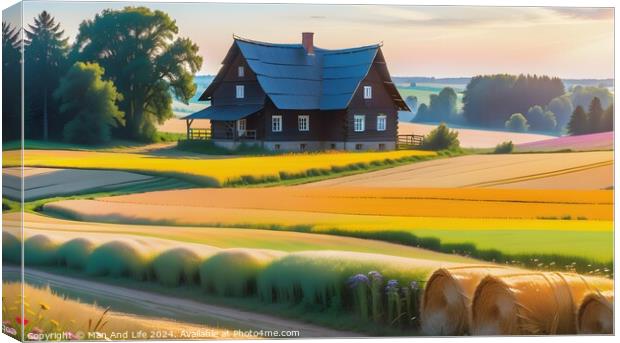 Idyllic rural landscape with a traditional house, golden fields, and hay bales during sunset. Canvas Print by Man And Life