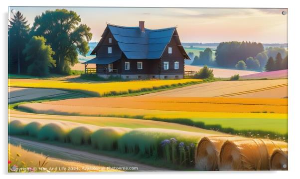 Idyllic rural landscape with a traditional house, golden fields, and hay bales during sunset. Acrylic by Man And Life