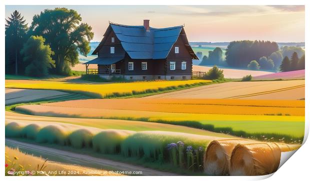 Idyllic rural landscape with a traditional house, golden fields, and hay bales during sunset. Print by Man And Life