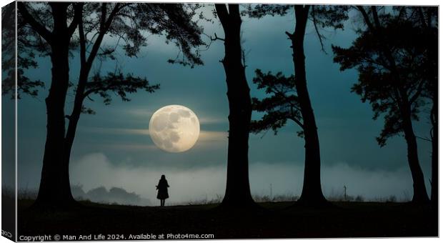 Mysterious silhouette of a person standing in a forest with a full moon in the background. Canvas Print by Man And Life