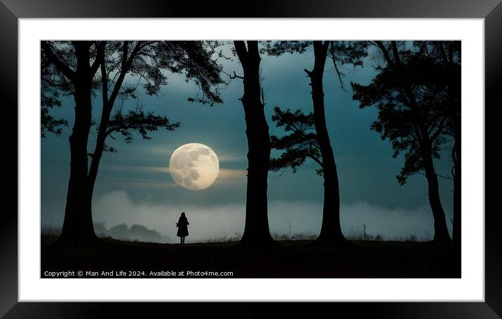 Mysterious silhouette of a person standing in a forest with a full moon in the background. Framed Mounted Print by Man And Life