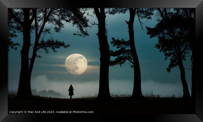 Mysterious silhouette of a person standing in a forest with a full moon in the background. Framed Print by Man And Life