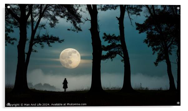 Mysterious silhouette of a person standing in a forest with a full moon in the background. Acrylic by Man And Life