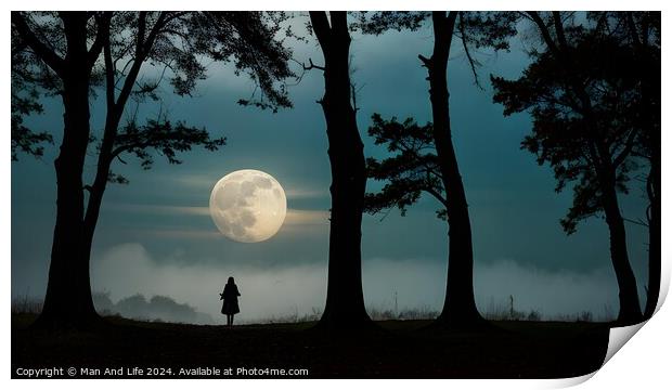 Mysterious silhouette of a person standing in a forest with a full moon in the background. Print by Man And Life
