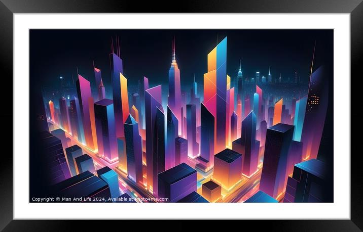 Futuristic cityscape with neon lights and skyscrapers at night, digital art concept. Framed Mounted Print by Man And Life