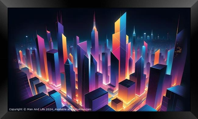 Futuristic cityscape with neon lights and skyscrapers at night, digital art concept. Framed Print by Man And Life