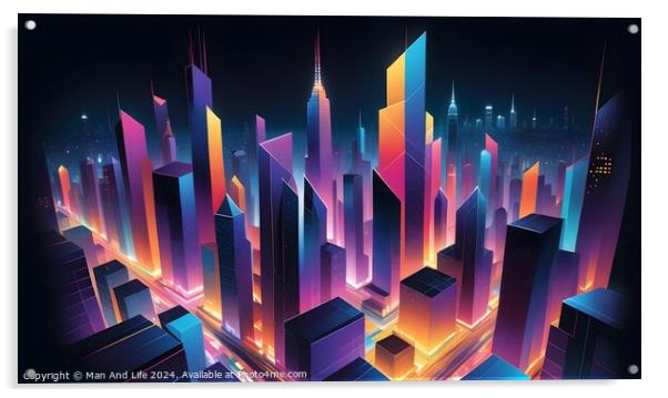 Futuristic cityscape with neon lights and skyscrapers at night, digital art concept. Acrylic by Man And Life