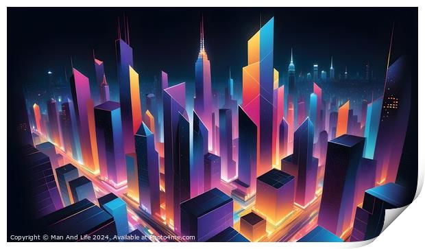 Futuristic cityscape with neon lights and skyscrapers at night, digital art concept. Print by Man And Life