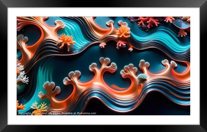 Abstract wavy lines in blue and orange with coral-like patterns, suitable for backgrounds or wallpapers. Framed Mounted Print by Man And Life
