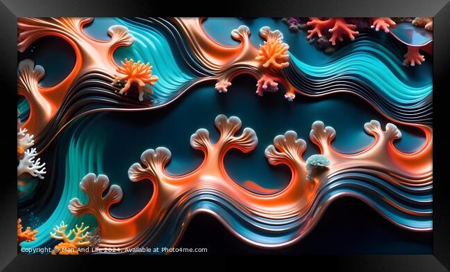 Abstract wavy lines in blue and orange with coral-like patterns, suitable for backgrounds or wallpapers. Framed Print by Man And Life