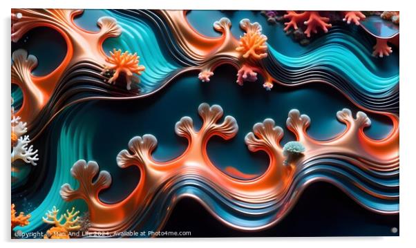 Abstract wavy lines in blue and orange with coral-like patterns, suitable for backgrounds or wallpapers. Acrylic by Man And Life