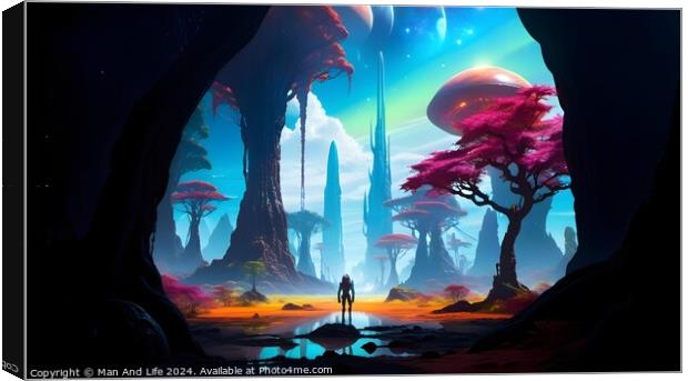 Surreal fantasy landscape with a lone figure standing before a vibrant alien world, featuring colorful skies, exotic trees, and mysterious rock formations. Canvas Print by Man And Life