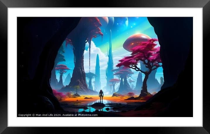 Surreal fantasy landscape with a lone figure standing before a vibrant alien world, featuring colorful skies, exotic trees, and mysterious rock formations. Framed Mounted Print by Man And Life