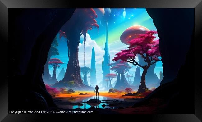 Surreal fantasy landscape with a lone figure standing before a vibrant alien world, featuring colorful skies, exotic trees, and mysterious rock formations. Framed Print by Man And Life