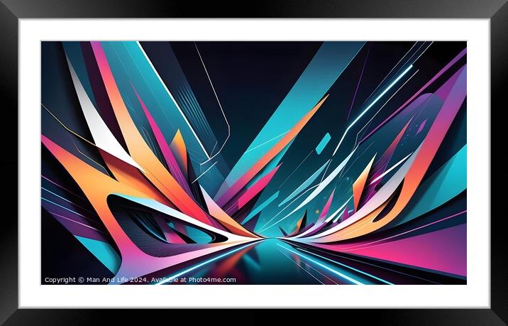 Abstract digital art with dynamic lines and geometric shapes in vibrant colors on a dark background, conveying a sense of futuristic speed and technology. Framed Mounted Print by Man And Life