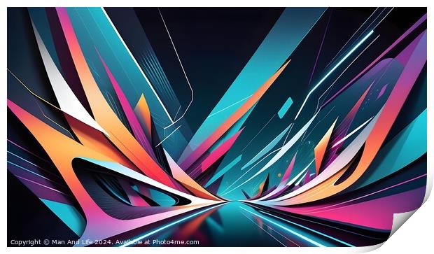 Abstract digital art with dynamic lines and geometric shapes in vibrant colors on a dark background, conveying a sense of futuristic speed and technology. Print by Man And Life