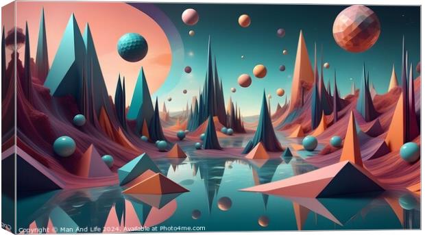 Surreal alien landscape with colorful geometric mountains, floating orbs, and a reflective water surface under a pastel sky. Canvas Print by Man And Life