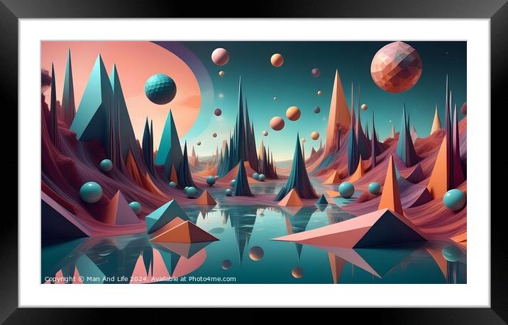 Surreal alien landscape with colorful geometric mountains, floating orbs, and a reflective water surface under a pastel sky. Framed Mounted Print by Man And Life