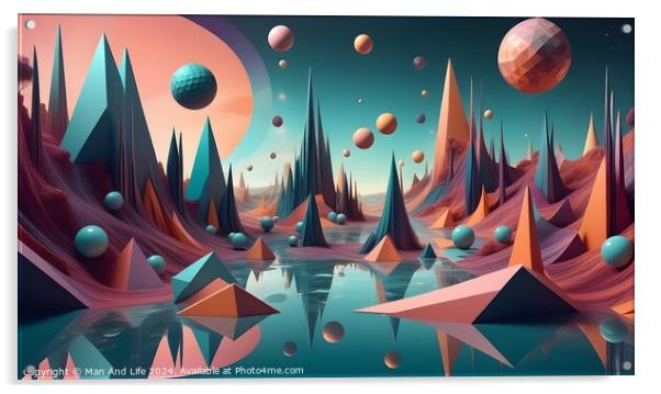 Surreal alien landscape with colorful geometric mountains, floating orbs, and a reflective water surface under a pastel sky. Acrylic by Man And Life