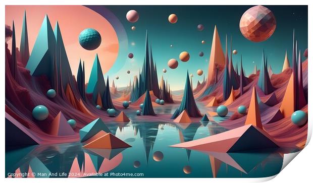 Surreal alien landscape with colorful geometric mountains, floating orbs, and a reflective water surface under a pastel sky. Print by Man And Life