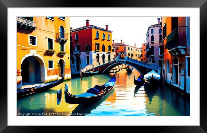 Colorful digital artwork of a Venetian canal with gondolas and traditional buildings reflecting in the water, capturing the essence of Venice, Italy. Framed Mounted Print by Man And Life