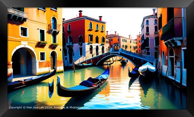 Colorful digital artwork of a Venetian canal with gondolas and traditional buildings reflecting in the water, capturing the essence of Venice, Italy. Framed Print by Man And Life