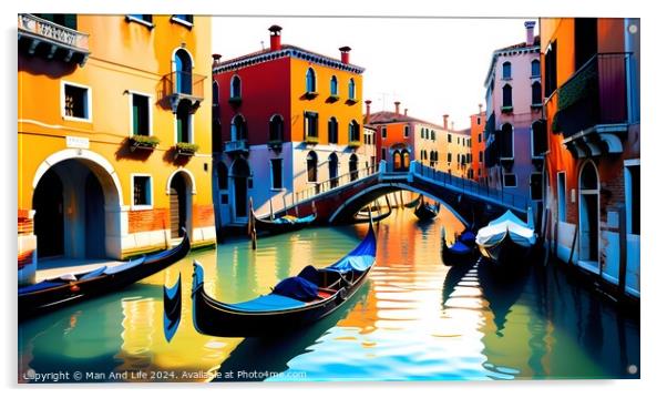 Colorful digital artwork of a Venetian canal with gondolas and traditional buildings reflecting in the water, capturing the essence of Venice, Italy. Acrylic by Man And Life