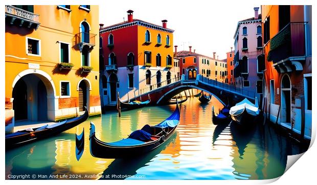 Colorful digital artwork of a Venetian canal with gondolas and traditional buildings reflecting in the water, capturing the essence of Venice, Italy. Print by Man And Life