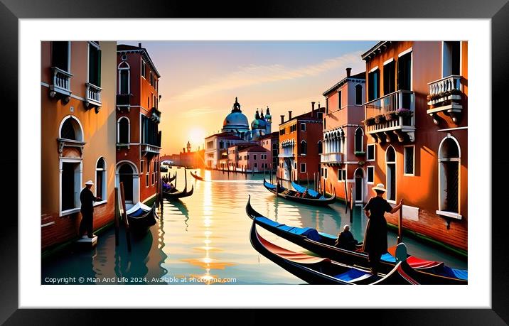 Scenic view of the Grand Canal in Venice with gondolas and historic buildings during sunset, reflecting the warm glow of the sun on the water. Framed Mounted Print by Man And Life