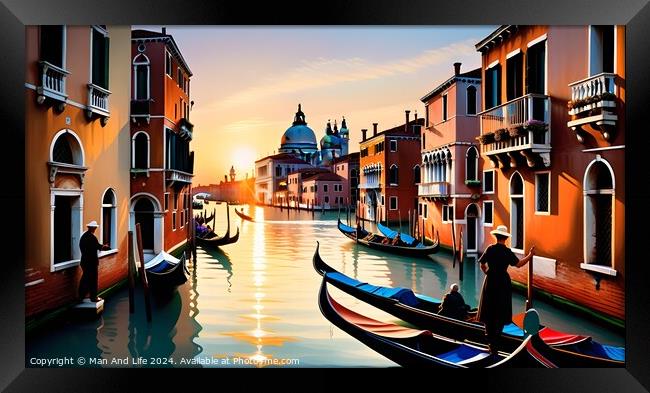 Scenic view of the Grand Canal in Venice with gondolas and historic buildings during sunset, reflecting the warm glow of the sun on the water. Framed Print by Man And Life